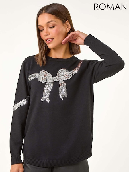 Черный - Roman Bow Sequin Detail Knit Jumper (AN4168) | €56