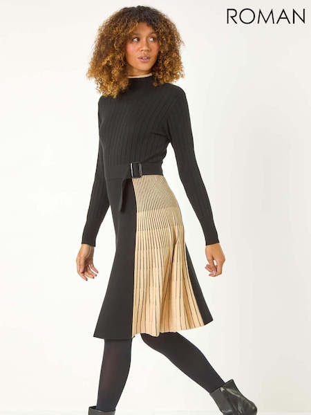 Roman Brown Contrast Panel Belt Knitted Dress (AN4169) | €63