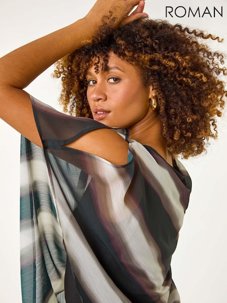 Roman Black Stripe Print Asymmetric Overlay Top (AN4171) | €51