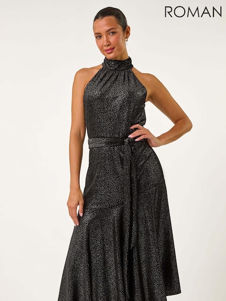 Roman Black Velvet Halter Neck Ruffle Hem Midi Dress (AN4185) | 371 QAR