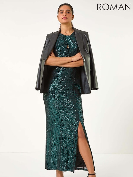 Roman Green Sequin Twist Front Maxi Stretch Dress (AN4187) | 421 QAR