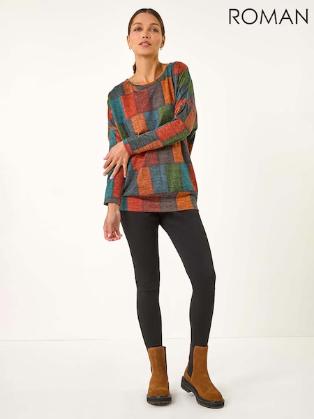 Roman Red Patchwork Print Drop Shoulder Stretch Top (AN4188) | €44
