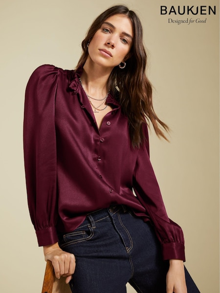 Baukjen Red Evelyn Satin Frill Neck Blouse (AN4337) | 539 LEI