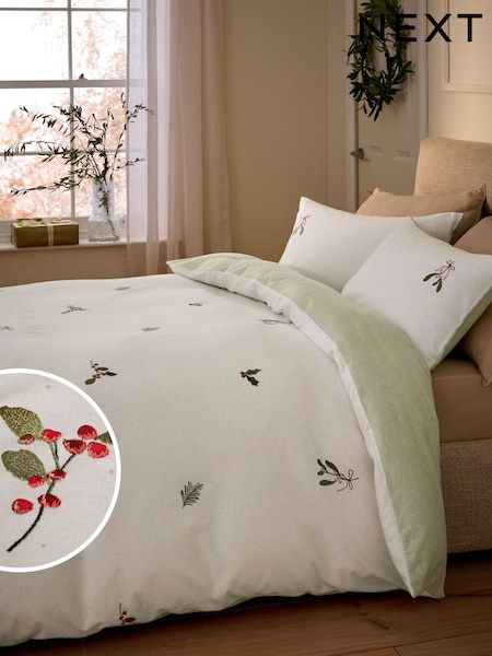 Green Foliage Christmas Brushed Embroidery Duvet Cover and Pillowcase Set (AN4464) | AED185 - AED324