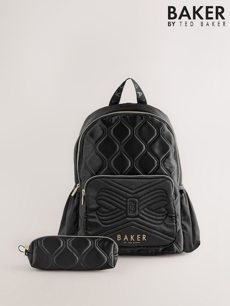 Baker by Ted Baker Girls Back To School Black Quilted Bow Backpack with Pencil Case (AN4526) | AED263