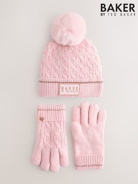 Baker by Ted Baker Girls Pink Knited Pom Hat and Gloves Set (AN4544) | 151 QAR