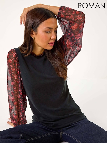 Roman Red 2-In-1 Floral Print Mesh Sleeve Top (AN4671) | AED255
