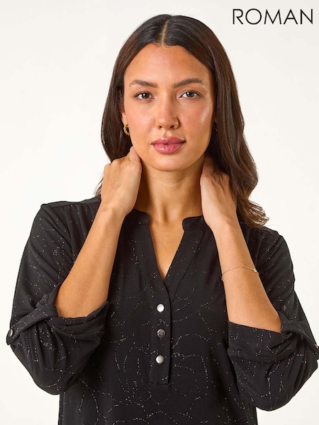 Черный - Roman Grey Metallic Linear Floral Stretch Blouses (AN4687) | €53