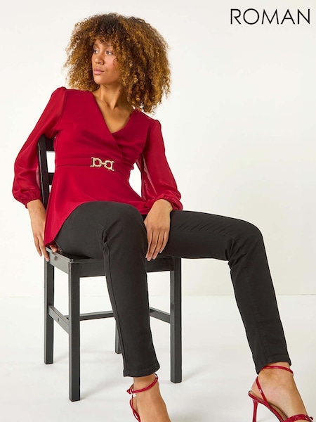 Roman Red Belted Peplum V-Neck Stretch Top (AN4693) | 188 QAR