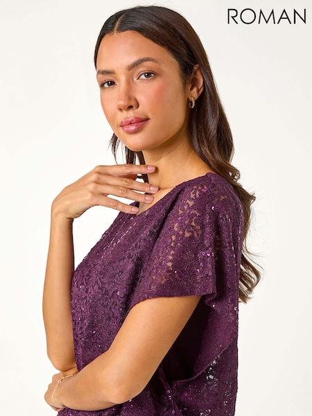 Violet - Roman Paiete Dantelă Mulați/Elastici Overlay Top (AN4695) | 298 LEI