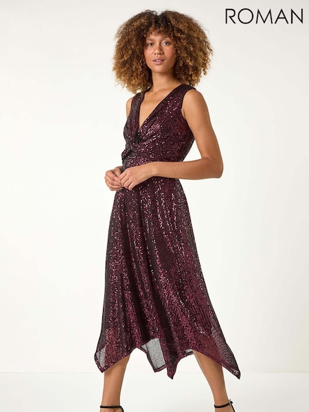 Roman Purple Sequin Wrap Twist Front Midi Dress (AN4701) | €114