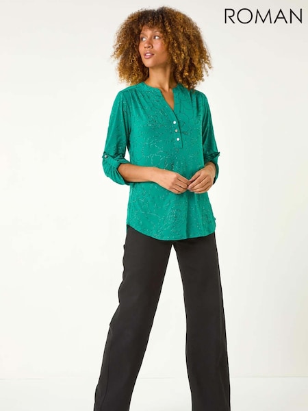 Green Roman Grey Metallic Linear Floral Stretch Blouses (AN4704) | €51