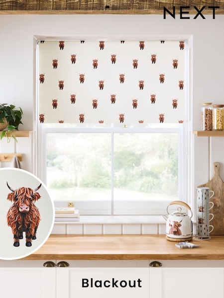Natural Hamish the Highland Cow Ready Made Blackout Roller Kitchen Blind (AN4721) | €31 - €72