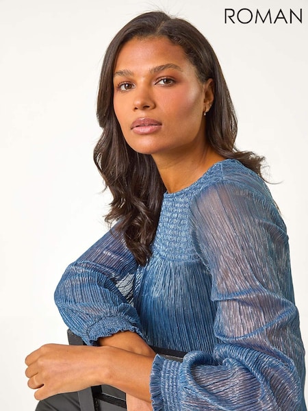 Roman Blue Shirred Yoke Metallic Plisse Top (AN4728) | €50