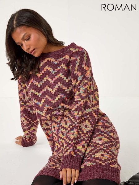 Roman Red Geometric Print Jacquard Knitted Jumper Dress (AN4731) | €60