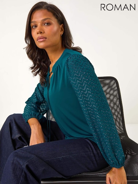 Roman Blue Woven Zig Zag Sleeve Tie Front Top (AN4744) | €48