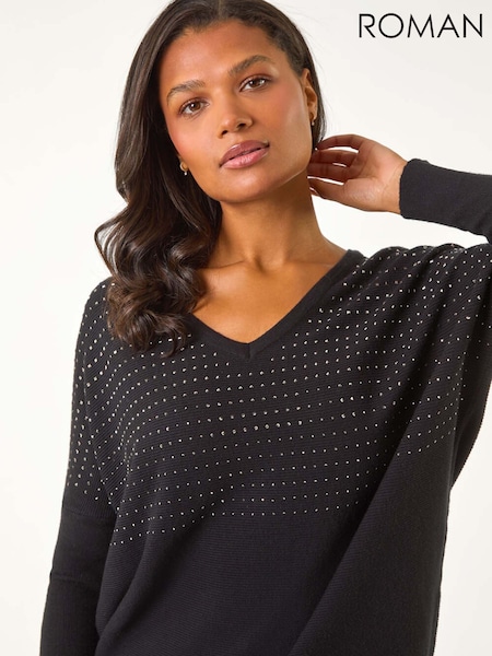 Roman Black Relaxed Hotfix V-Neck Knitted Jumper (AN4748) | AED291