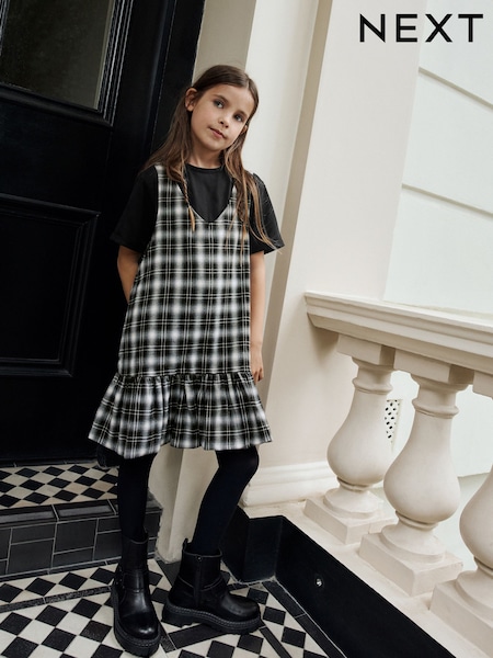 Black/White Check Ruffle Hem Pinafore and T-Shirt Set (3-16yrs) (AN4766) | AED112 - AED142
