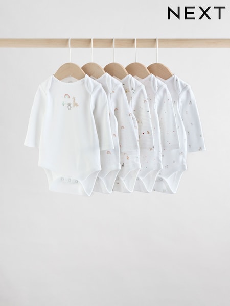 أبيض شخصيات - Baby Long Sleeve 100% Cotton Bodysuits 5 Pack (AN4883) | ‏6 ر.ع.‏ - ‏7 ر.ع.‏