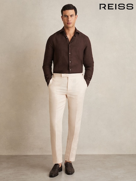 Reiss Dark Brown Ruban Linen Striped Cutaway-Collar Shirt (AN4957) | €142