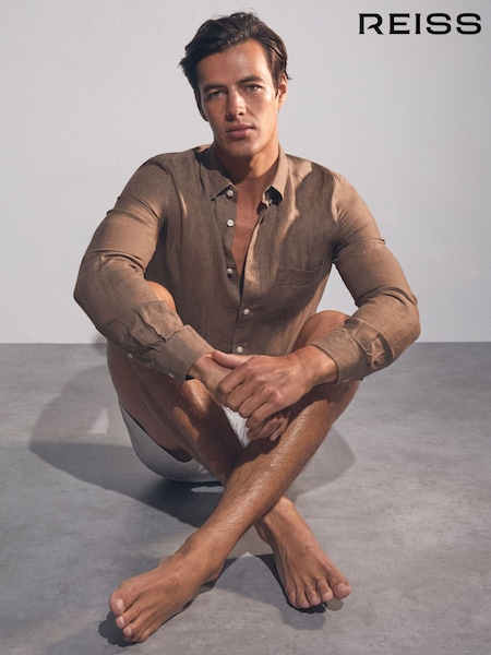 Reiss Light Taupe Brown Queens Linen Button-Through Shirt (AN4962) | €142