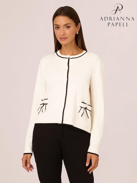 Adrianna Papell Crew Neck Tipped Bow Pocket Long Sleeve White Cardigan Sweater (AN5146) | €109