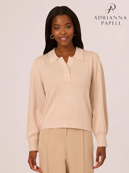 Adrianna Papell Pink Long Sleeve Pointelle Sweater With A Polo Collar (AN5149) | 439 LEI