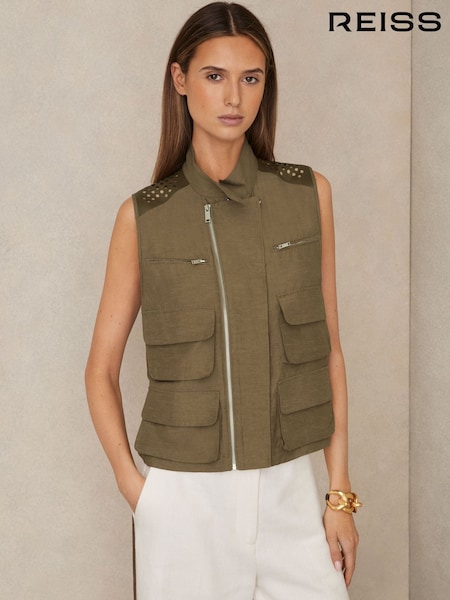 Reiss Khaki Grace Cargo-Pocket Laser-Cut Gilet With Linen (AN5223) | AED1,786