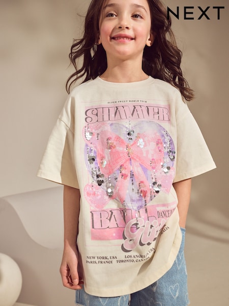 أبيض بيج فاتح - Oversized Sequin Graphic Print T-Shirt (3-16yrs) (AN5298) | ‏56 د.إ.‏ - ‏ 81‏ د.إ.