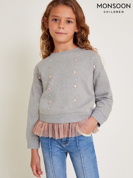 Monsoon Grey 100% Cotton Beaded Tulle Trim Sweatshirt (AN5697) | 64 QAR - 74 QAR