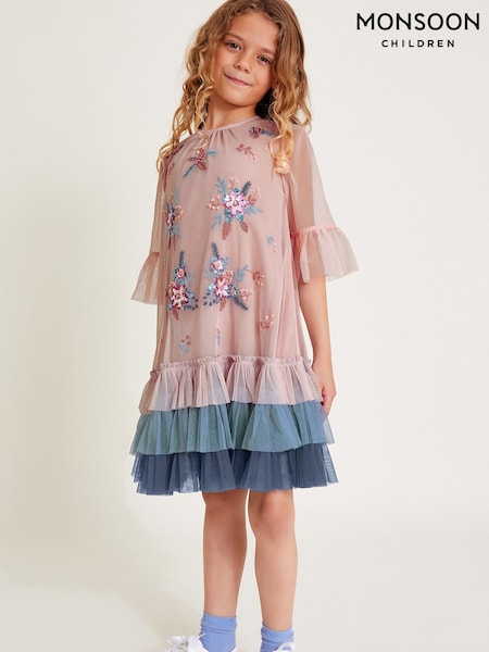 Monsoon Pink Floral Print Embellished Tulle Trapeze Dress (AN5702) | 124 QAR - 142 QAR
