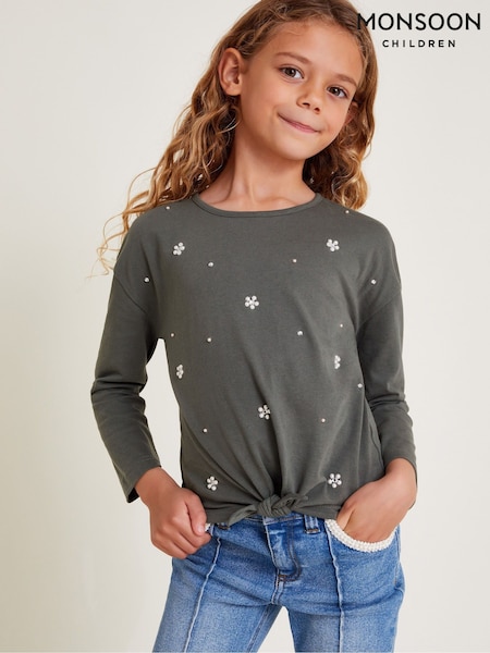 Monsoon Grey Embellished Long Sleeve 100% Cotton Top (AN5709) | $16 - $19