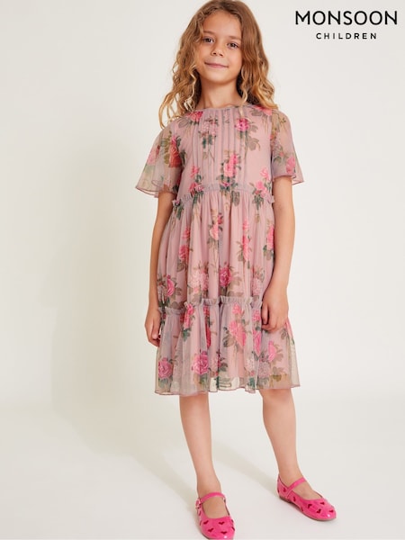 Monsoon Pink Guilia Flutter Sleeve Floral Print Tulle Dress (AN5714) | €57 - €62