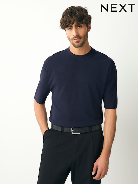 Navy Blue Relaxed Fit Premium Short Sleeve Knitted Crew T-Shirt (AN5734) | R$ 250
