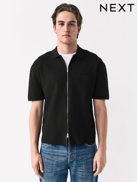 Black Zip Through Relaxed Fit Premium Short Sleeve Knit Quarter Zip Polo Shirt (AN5736) | R$ 325