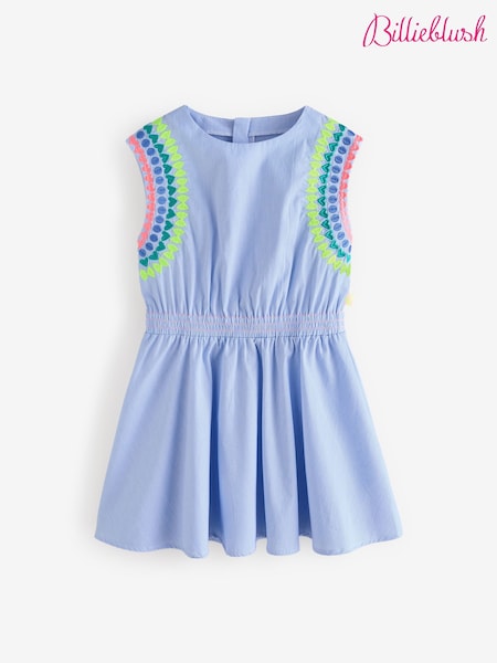 Billieblush Blue Mini Skater 100% Cotton Dress With Multicolour Embroidery Detail (AN5751) | $150