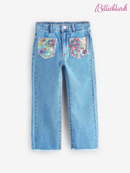 Billieblush Blue Wide Leg Logo 100% Cotton Jeans With Sequin Pocket Detail (AN5759) | R$ 640