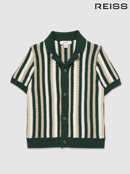 Reiss Green Carrington 13-14 yrs Cotton Crochet Stripe Cuban Shirt (AN5808) | kr1 002