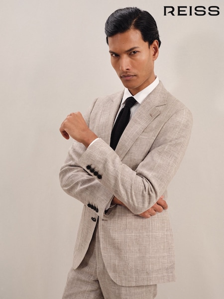 Reiss Oatmeal Ashton Slim-Fit Linen Single-Breasted Check Suit Blazer (AN5810) | €502