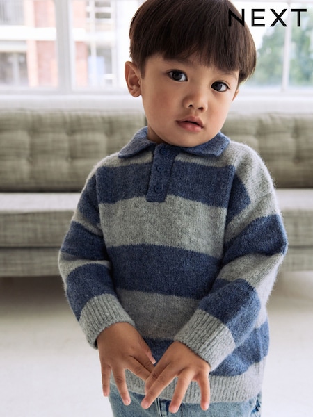 Blue Stripe Knitted Rugby Polo Shirt (3mths-7yrs) (AN5897) | 64 QAR - 74 QAR