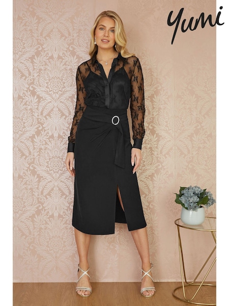 Yumi Black Diamante Buckle Faux Wrap Skirt With Split Hem (AN5984) | 272 QAR