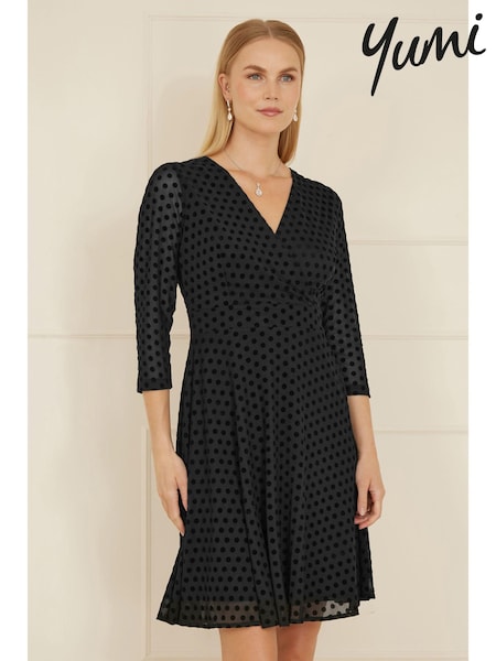 Yumi Black Velour Spot 3/4 Sleeve Wrap Skater Dress (AN5993) | 297 QAR