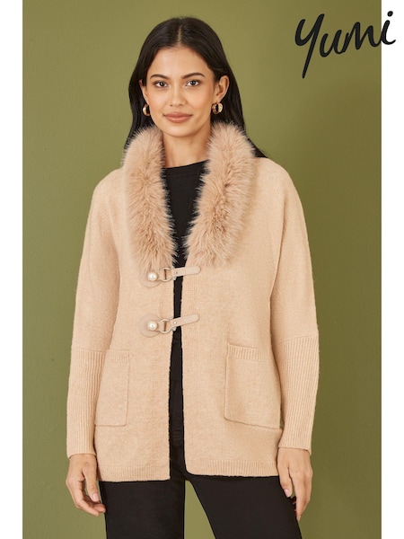 Naravni - Yumi Cardigan With Detachable Faux Fur Collar Trim (AN5997) | € 79