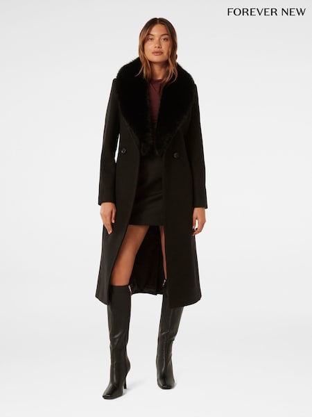 Forever New Black Monica Faux Fur Collared Wrap Coat (AN6035) | LEI 1,117