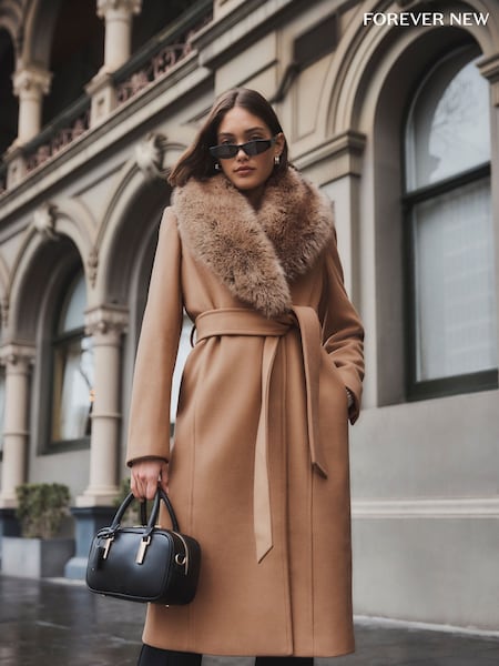 Forever New Brown Monica Faux Fur Collared Wrap Coat (AN6043) | €191