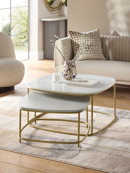 Light Grey Valencia Marble and Mango Wood Nest of 2, Rectangular Coffee Tables (AN6073) | €580