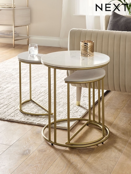 Light Grey Valencia Marble and Mango Wood Round Set of 3 Nest of Tables (AN6074) | €400