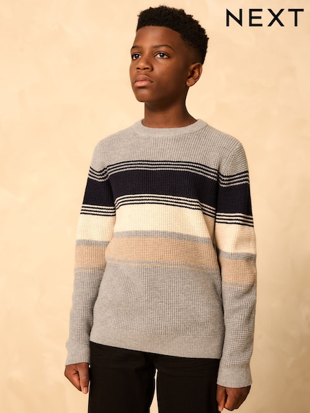 رمادي - Colourblock Stripe Crew Neck Knitted Jumper (3-16yrs) (AN6090) | ‏74 ر.ق. - ‏99 ر.ق.