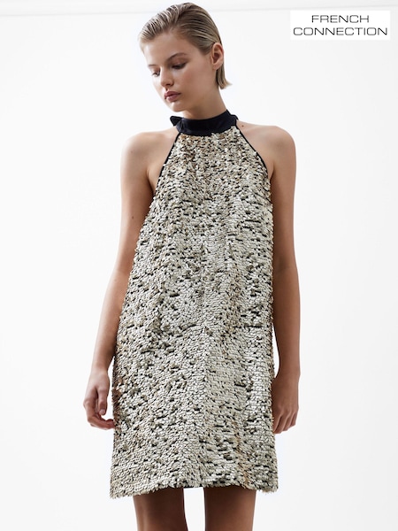 French Connection Gold Elah Sequin Halter Neck Dress (AN6107) | €95