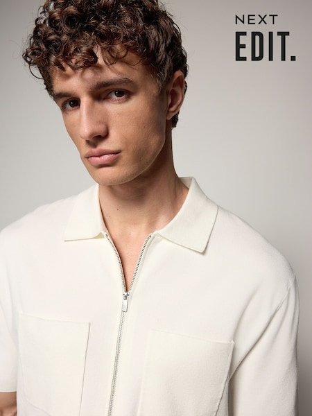 Ecru White Relaxed Fit EDIT Short Sleeve Premium Knitted Zip-Through Polo Shirt (AN6111) | €47
